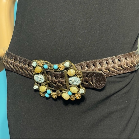 LeatheRock Brown Braided Leather Semi Precious Stone Encrusted Buckle Belt S main image 5